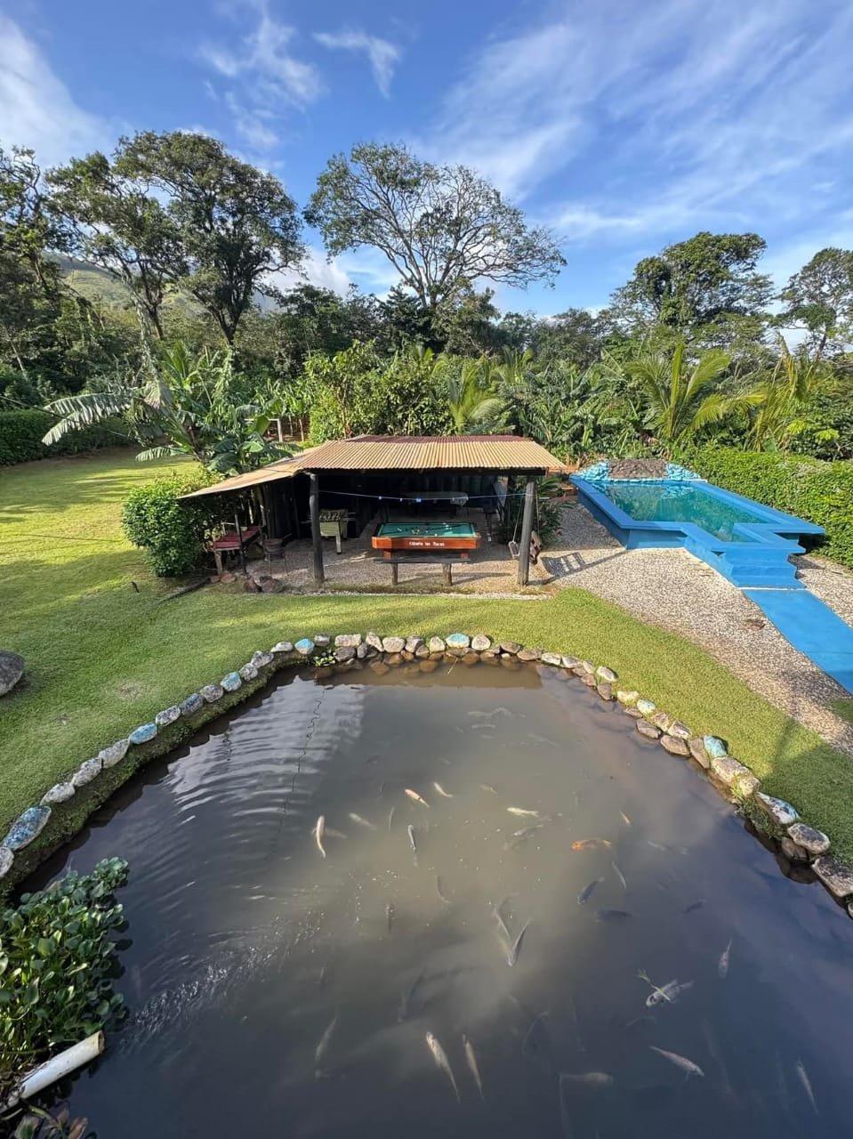Estanque con peces y rancho de juegos